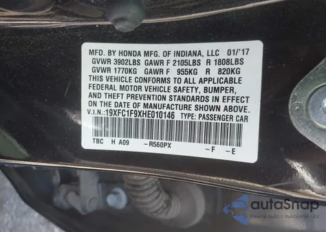 2017 Honda Civic Touring from USA, damaged, VIN 19XFC1F9XHE010146